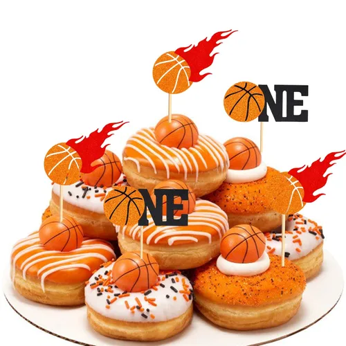 Vista 6 de Arthsdite 24 decoraciones de baloncesto para cupcakes con temática de baloncesto para el primer cumpleaños, decoración para tartas de temática