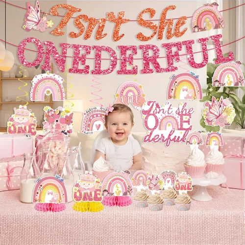 Vista 7 de 35 decoraciones de cumpleaños con texto en inglés "Isn't She Onederful", decoraciones de primer cumpleaños para niñas, fácil instalación, incluye