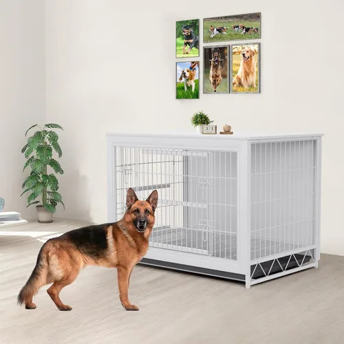 Vista 7 de TLSUNNY Muebles de jaula para perros, mesa auxiliar auxiliar de madera de 44.1 pulgadas, moderna perrera con puertas dobles, jaula resistente