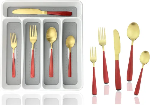 Vista 8 de JASHII - Juego de cubiertos con bandeja, 20 piezas de acero inoxidable cuadrado cubiertos servicio para 4, acabado mate, utensilios de alimentación