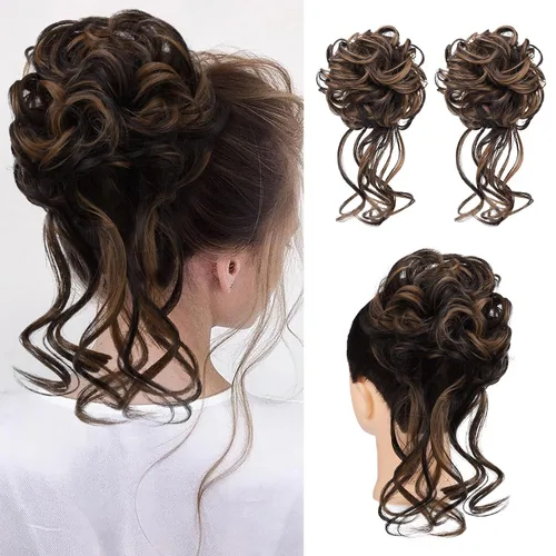 Vista 38 de HOOJIH 2 piezas de extensiones de cabello estilo moño despeinado, extensiones de cabello rizado y ondulado con tiras, cola de caballo, horquillas