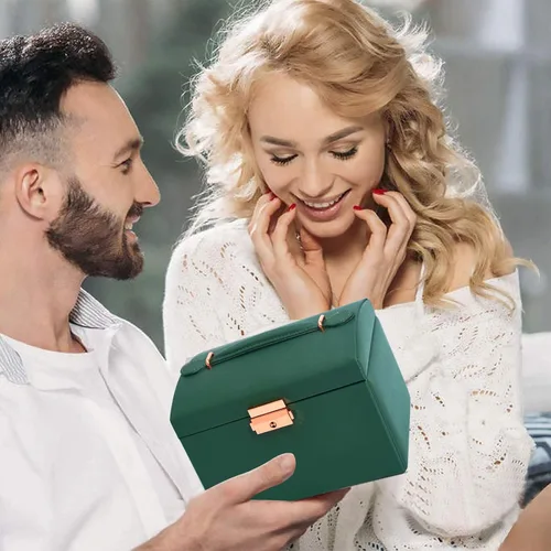Vista 7 de Volance Joyero organizador para mujeres y niñas, 3 capas de piel sintética de tamaño mediano con cerradura y bandeja extraíble, para collares