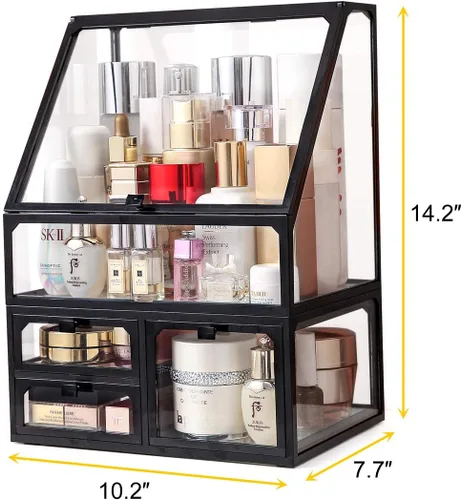 Vista 3 de MOOCHI Organizador de maquillaje cosmético de vidrio vintage negro con 3 cajones, juego de polvo impermeable para cosméticos, vitrina