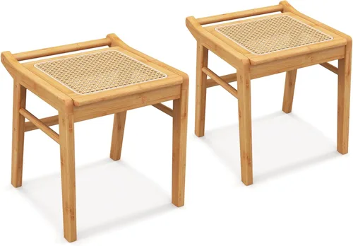 Vista 10 de CHARMAID Taburete de tocador, reposapiés otomano de bambú con asiento de ratán, almohadillas antideslizantes, banco de silla de tocador