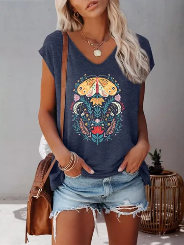 Vista 2 de Anbech Camisetas de manga casquillo para mujer, con cuello en V, estampado sólido, camisetas casuales