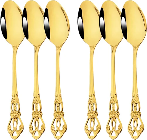 Vista 3 de Juego de 6 cucharas de café y té, mini cuchara dorada de acero inoxidable 6 cucharaditas