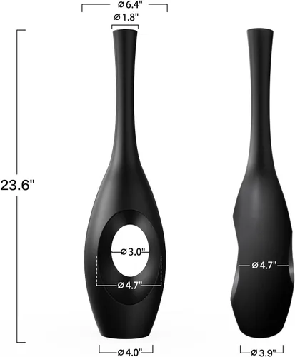 Vista 3 de Jarrón de piso negro de 60 cm – Cuerpo ovalado en forma de dona con cuello delgado de 7,6 cm, jarrones decorativos altos modernos para sala
