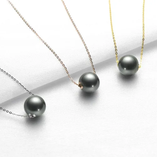 Vista 4 de 18K Gold Tahitian Black Pearl Necklace for Women, 10-11mm Tahitian Seawater Cultured Floating Single Pearl Pendant with Sterling Silver Chain