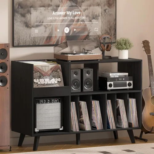 Vista 7 de LELELINKY Soporte grande para tocadiscos, soporte para tocadiscos de 48 pulgadas con almacenamiento, soporte para discos de vinilo con área