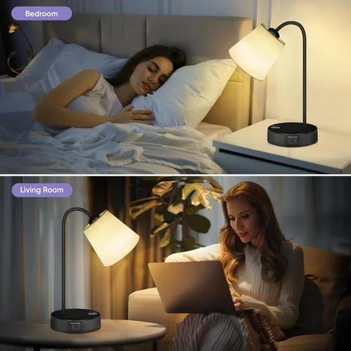 Vista 6 de Juego de 2 lámparas de mesa industriales para dormitorio, lámpara de noche táctil regulable de 3 vías para mesita de noche con puertos USB C+A