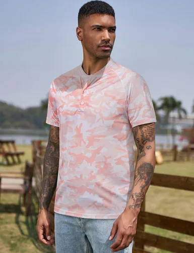 Vista 3 de TAPULCO Camisas de golf sin cuello para hombre, manga corta, ajuste seco, elásticas, informales, transpirables, ligeras