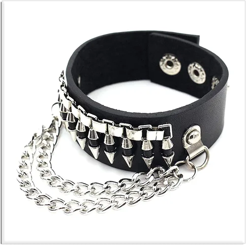 Vista 3 de Xusamss 2 pulseras punk, de aleación, remaches, bala, cadena, cuero, 7 1/2 muñecas