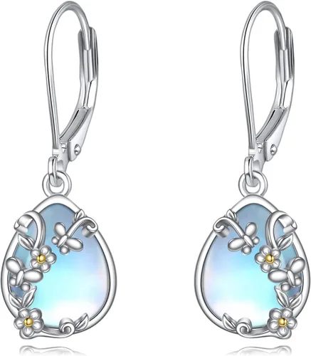 Vista 275 de Aretes colgantes con forma de lágrima de filigrana de piedra lunar de plata de ley 925 con cierre de palanca para mujer, regalos de joyería