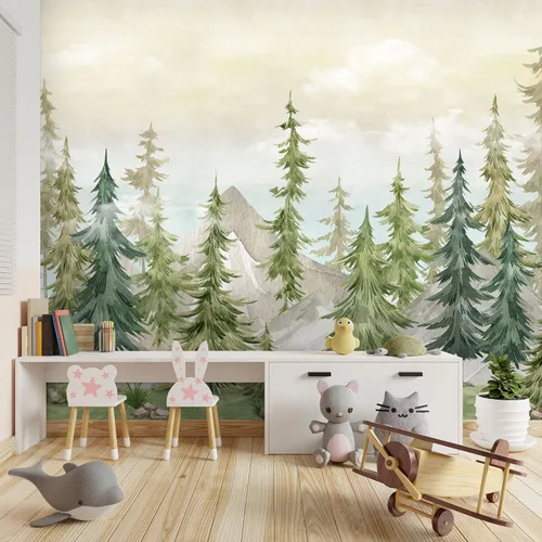 Vista 2 de Murwall Papel pintado de acuarela para niños, bosque y vivero, pino