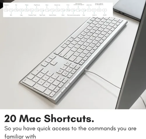 Vista 7 de Macally Teclado de computadora con cable USB ultra delgado, compatible con teclado Apple o Windows, tamaño completo con 20 teclas de teclado Mac