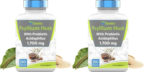 Vista 7 de tnvitamins Cápsulas de cáscara de psyllium 1700 mg - 250 cápsulas con probiótico Acidophilus Suplemento de fibra soluble y dietética extra