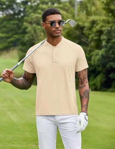 Vista 3 de COOFANDY Polo de golf de secado rápido para hombre, camiseta Henley de manga corta, atlética, deportiva, sin cuello, camisetas deportivas