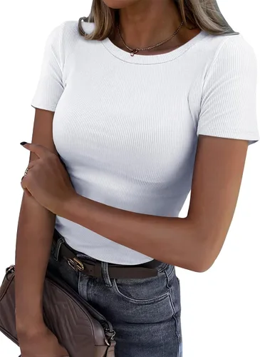 Vista 18 de Roselux - Camiseta ajustada de manga corta con cuello redondo de canalé, camiseta básica de punto. Beige