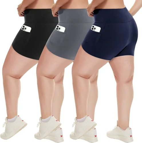 Vista 28 de HLTPRO 3 Pack Plus Size Biker Shorts for Women, Pocket & No-Pocket Options Negro/Beige Rosa/ Gris