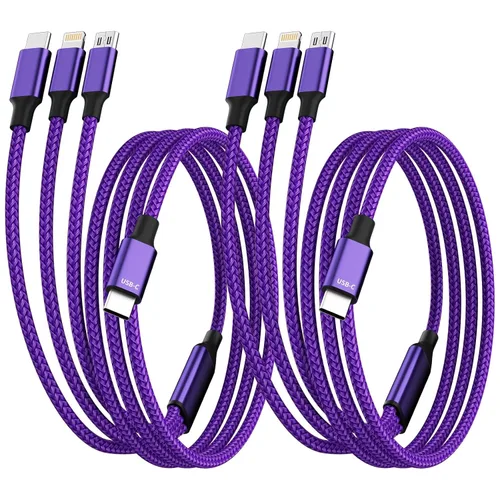 Vista 10 de Cable de carga múltiple (paquete de 2 de 4 pies), cable de carga múltiple de nailon trenzado para múltiples dispositivos, cable de carga 3 en 1