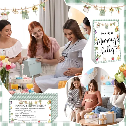 Vista 80 de Sabary 64 Piezas Juegos de Baby Shower Incluyen Letrero How Big is Mommy's Belly Sign Measure Bump Game 50 Tarjetas 10 Lápices 3 Cintas Métricas