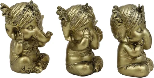 Vista 3 de Ebros - Juego de 3 figuras de elefante hindú dorado, Dios, Señor, Ganesha, con turbante, 4 pulgadas de alto, Deidad de las artes, sabiduría