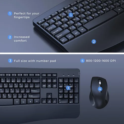 Vista 3 de Combo ergonómico de teclado y mouse, teclado inalámbrico de computadora de tamaño completo con reposamuñecas de palma mouse ergonómico