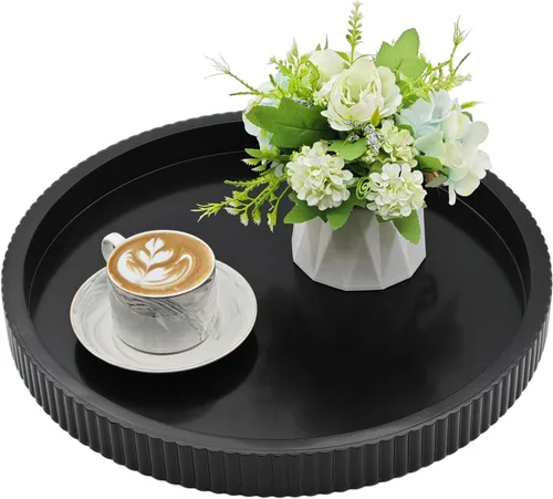 Vista 10 de Carah & Cossh Bandeja redonda de madera para servir, bandeja de madera decorativa negra, bandeja decorativa moderna redonda de 16 pulgadas, perfecta