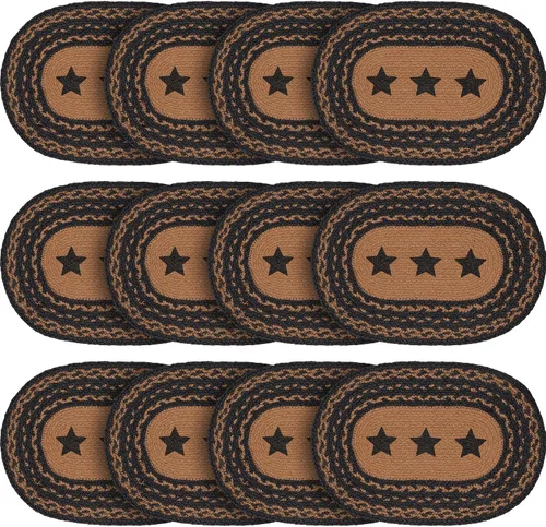 Vista 9 de VHC Brands Farmhouse Star - Mantel individual para mesa de comedor, yute trenzado, ovalado, negro tostado, 10 x 16 pulgadas