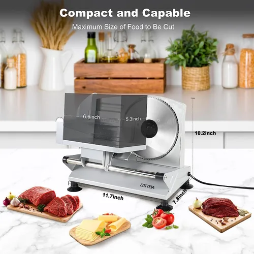 Vista 5 de OSTBA Máquina cortadora de carne para el hogar, cortadora eléctrica de alimentos con cuchillas extraíbles de acero inoxidable de 6.7 pulgadas