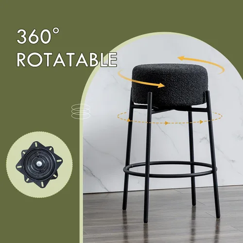 Vista 3 de Juego de 2 taburetes de bar modernos de altura de mostrador, taburetes de bar giratorios negros Boucle para isla de cocina, cómodas sillas tapizadas