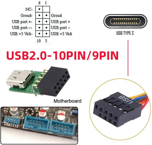 Vista 6 de cablecc USB 3.1 tipo C USB-C hembra solo puerto a 480Mbps USB 2.0 placa base 9pin 10pin adaptador de cabecera PCBA