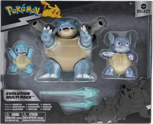 Vista 2 de Pokemon Select Evolution - Paquete de 3 figuras de batalla de Squirtle de 2 pulgadas, Wartortle de 3 pulgadas y figuras de batalla Blastoise de 4.5