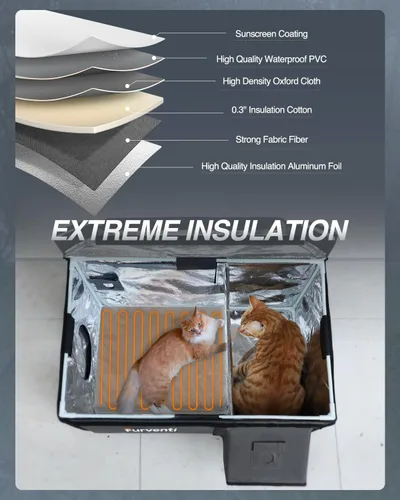 Vista 5 de Casa para gatos con calefacción para exteriores en invierno, extremadamente aislada y resistente a la intemperie, refugio para gatos ferales