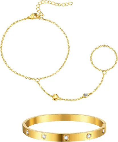 Vista 13 de Doubgood - Pulseras de oro para mujer, juego de 5 piezas, pulseras chapadas en oro de 14 quilates, conjuntos de joyería con cuentas elásticas