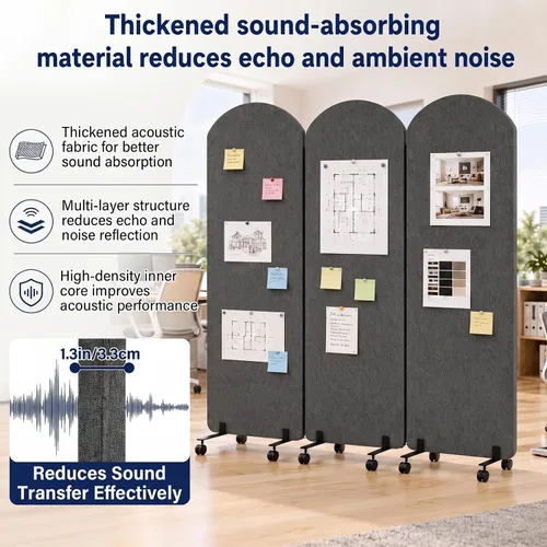 Vista 5 de 3-Panel Portable Office Partition, Acoustic Wall Divider with whiteboard Gris Oscuro
