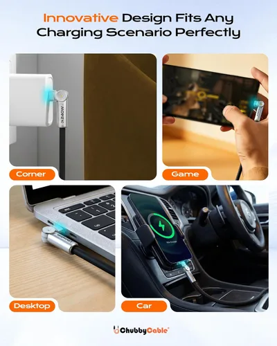 Vista 4 de chubbycable Chubby RotateX - Cable de carga rápida giratorio de 240 W, doble 180°, con luz LED, cable USB C de silicona suave, cable de carga extra