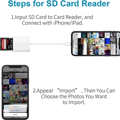 Vista 5 de Lector de tarjetas Lightning a SD para iPhone, adaptador de cámara Lightning, visor de cámara de rastro, tarjeta SD, adaptador de tarjeta de memoria
