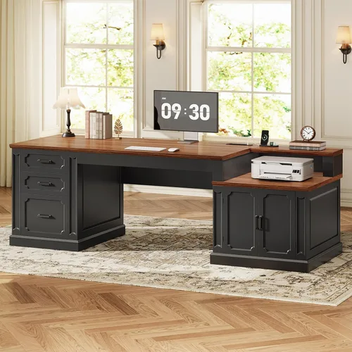 Vista 26 de SEDETA Escritorio ejecutivo en forma de L de granja de 67 pulgadas con Negro+marrón