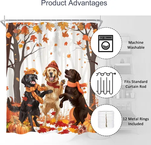 Vista 5 de AMBZEK Cortina de ducha de otoño para perro, 60 pulgadas de ancho x 72 pulgadas de largo, hojas de arce, calabaza, caricatura, cachorro, divertidos