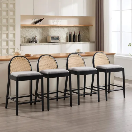 Vista 27 de HEAH-YO Taburetes de bar de ratán, juego de 2, taburetes de barra de 26 pulgadas de altura de mostrador con respaldos de ratán y patas de madera