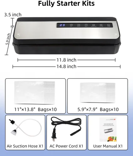 Vista 8 de Máquina selladora al vacío para alimentos, 80KPA Potente sellador automático de alimentos 8 en 1 con modos seco y húmedo, almacenamiento de bolsas