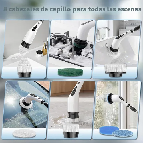 Vista 6 de Cepillo giratorio eléctrico, cepillo de extremo plano de 3 velocidades con 8 cabezales de cepillo y base, IPX7 impermeable, mango largo ajustable
