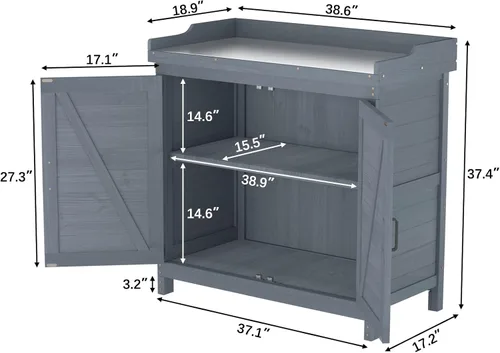 Vista 7 de Gabinete de Almacenamiento de Madera para Jardín Exterior Patio Muebles Cobertizo de Herramientas Impermeable con Bancos para Macetas Mesa de Gris