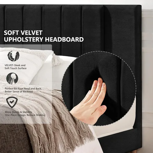 Vista 4 de Flolinda Base de cama de plataforma tamaño Queen con cabecera tapizada de terciopelo y soporte de listones de madera, base de colchón totalmente