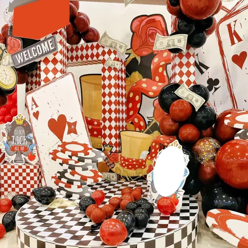 Vista 9 de Lukiituke Kit de arco de globos rojos, negros y dorados, 114 globos rojos, negros y dorados, 4 tamaños para cumpleaños, fiestas temáticas de casino