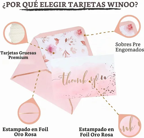 Vista 2 de Winoo Design Tarjetas de agradecimiento de color oro rosa y rosa resistentes con sobres, paquete de 36, tarjetas de agradecimiento de despedida