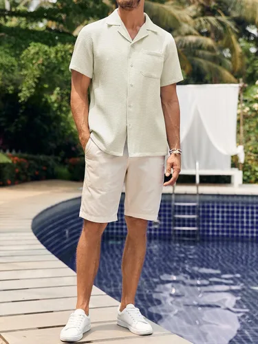Vista 4 de Camisa de manga corta con botones para hombre, ajuste holgado, cubana, verano, playa, lisa