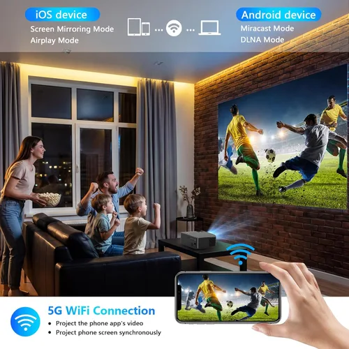 Vista 4 de Proyector grande ANSI 4500 con WiFi y Bluetooth, proyector de película de pantalla de 450 pulgadas con altavoz HIFI, proyectores 4K de alto brillo