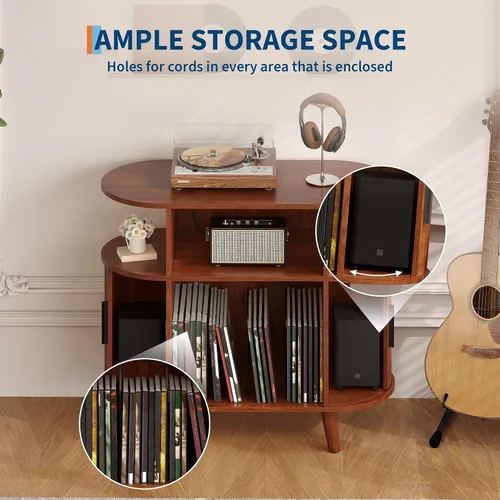 Vista 5 de GarveeHome Soporte redondo grande para tocadiscos con estación de carga y puertos USB, soporte para tocadiscos de vinilo rústico, gabinete